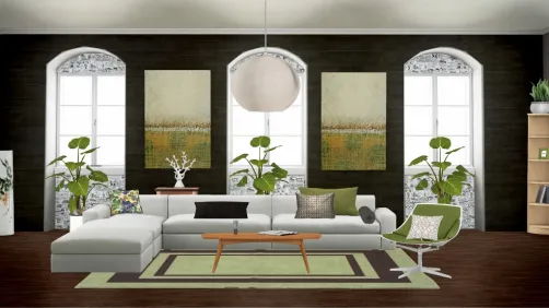 Dark living room with light furniture and green accents.