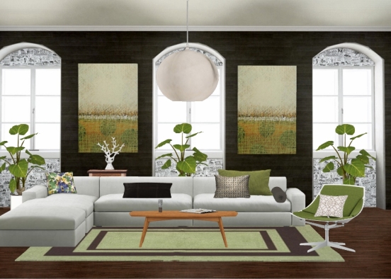 Dark living room with light furniture and green accents. Design Rendering