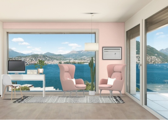 Adorable Coastal Pink Office Design Rendering