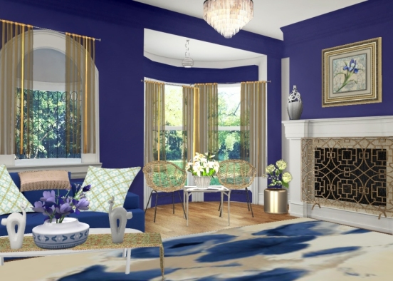 Royal blue n gold living room Design Rendering