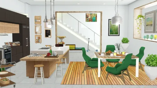 Green kitchen with dining place