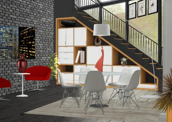 Salon salle à manger moderne noir rouge et blanc Design Rendering