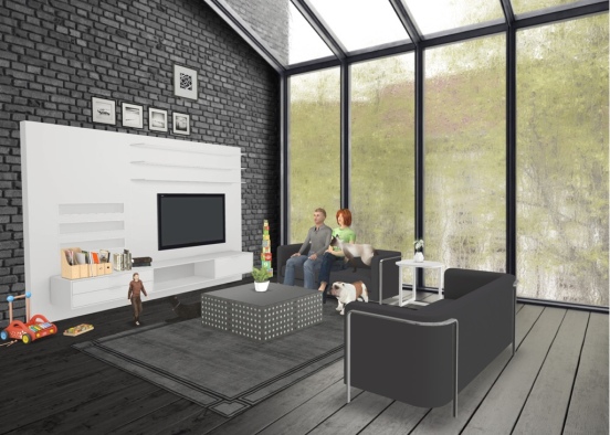 Family of 3 in their family room with their 3 pets Design Rendering