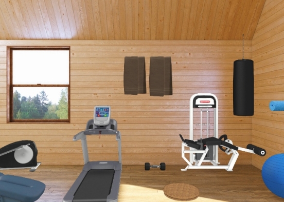Indoor house GYM with every equipment and towel hangers Design Rendering