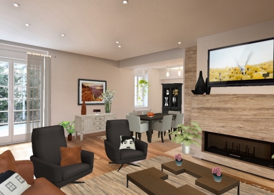 Living room, dining room combo. Done in Browns, Black and Cream.  Design Rendering