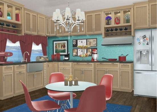 Kitchen Blue & Red Design Rendering