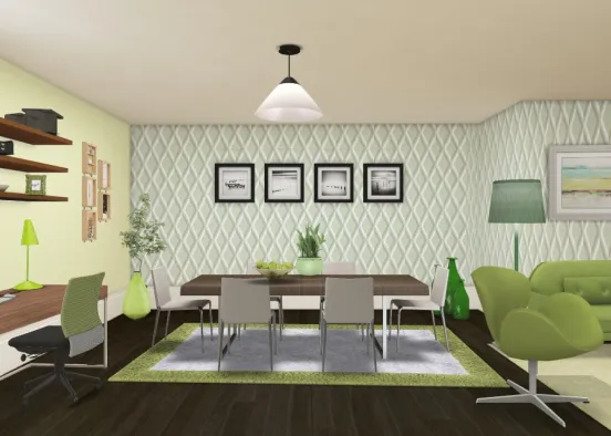 Dining, living room and office Design Rendering