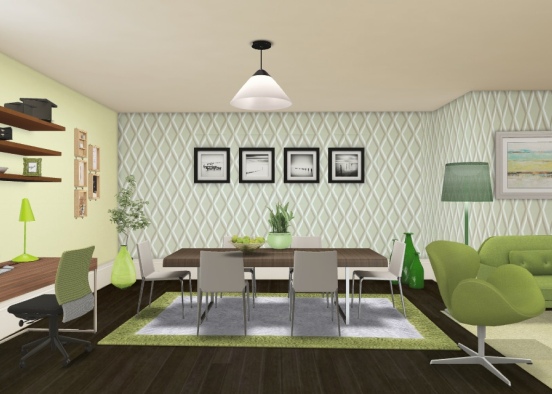 Dining, living room and office Design Rendering
