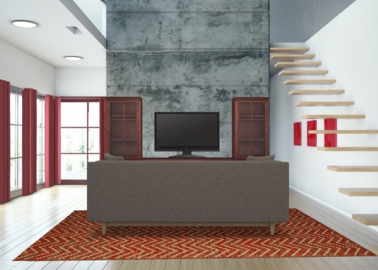 Simple Red and Grey Living Room Design Rendering