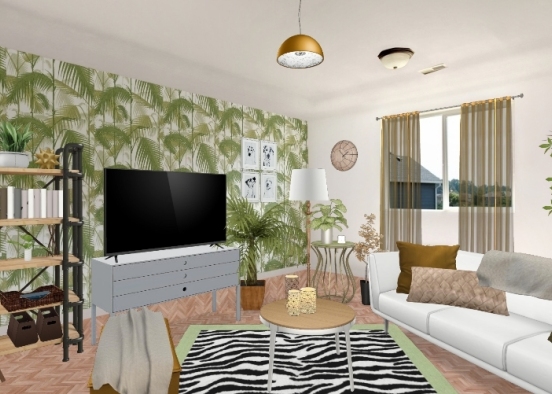 Green, White And Gold Zen Living Room Design Rendering