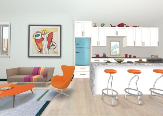 Bold Colored Living Room-Kitchen Area Design Rendering