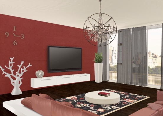 Living room in white red and black  Design Rendering