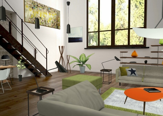 Green and orange living room Design Rendering