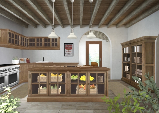 Country kitchen with warm wood, sent of spices and plants, fresh bread and a lot of charme. On the right the door that goes into the Wine cellar, another of the pleasures of the countryside. Design Rendering