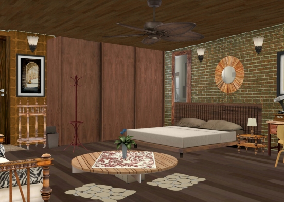 Woody Bedroom in industrial style. Design Rendering