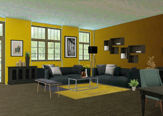 Bright yellow with black cozy Living Room Design Rendering
