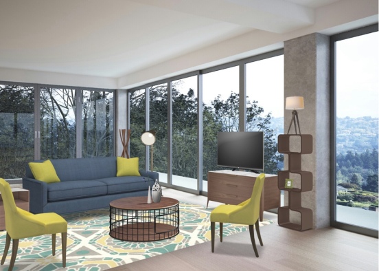 Yellow amd navy and wood living area Design Rendering