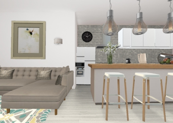 Kitchen and Living room Design Rendering