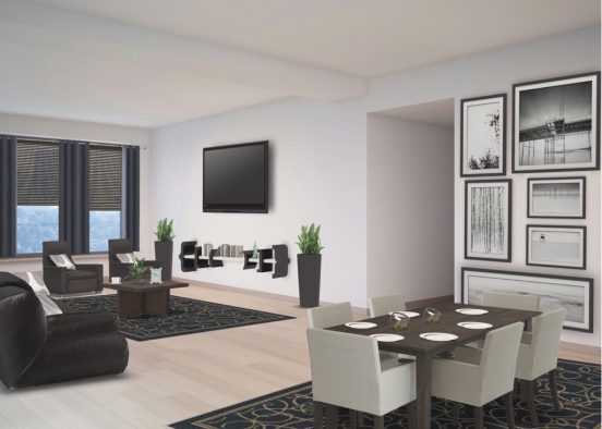 Black living room and kitchen Design Rendering