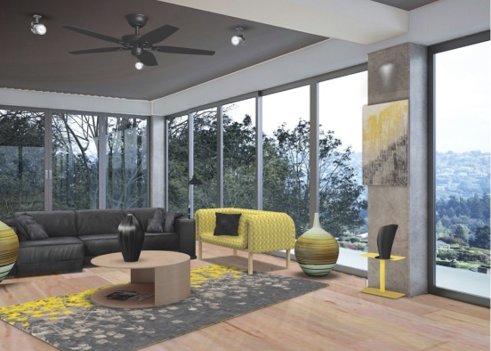 black and yellow living room Design Rendering