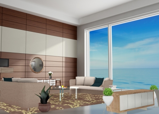 Modern See Front Oak White Living Lounge Area Design Rendering