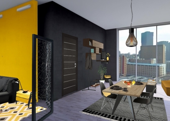 Salle à manger / chambre noir et jaune Design Rendering