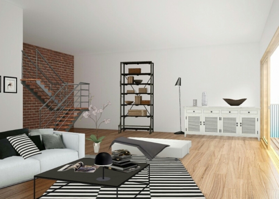 A livingroom with black and white items  Design Rendering