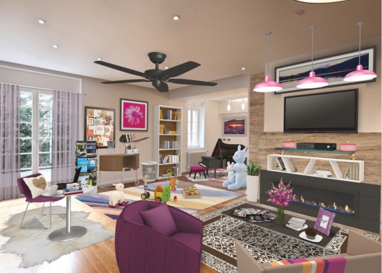 The Kinda Pink and Purple Family Living Room Design Rendering