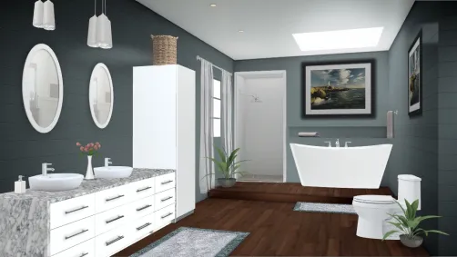 Huge master bathroom in grey blue 