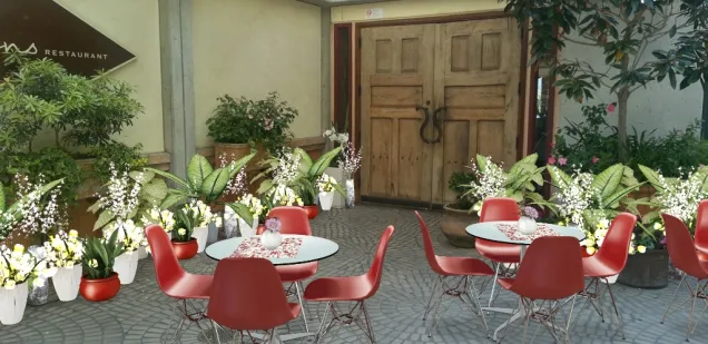 Restaurant patio with bright florals