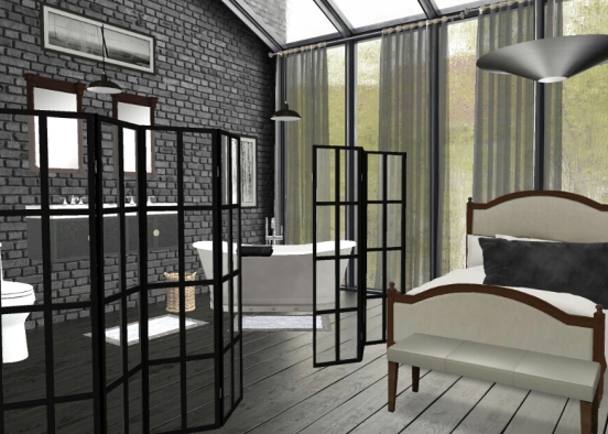 Black and Gray bed/bath area Design Rendering