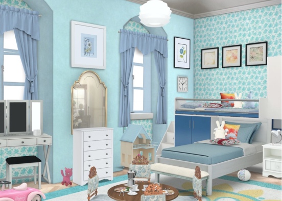 A set of twin girls, growing up and chose their new colors to decorate their new bedroom. Their very own first tea party in their own room! Design Rendering