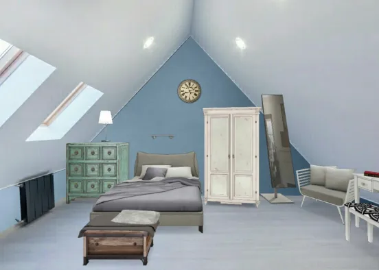 Attic bedroom with a grey and blue colour scheme Design Rendering