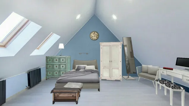 Attic bedroom with a grey and blue colour scheme