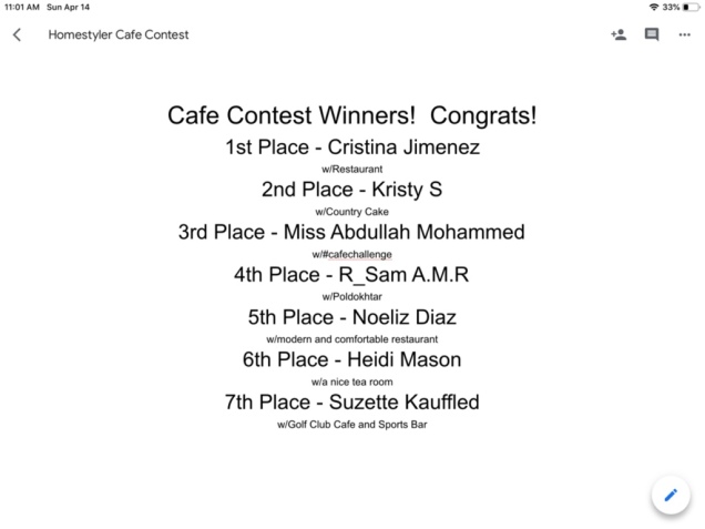 Cafe Contest Winners