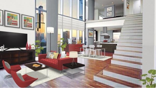 Modern glass condo with red and moredn accents 