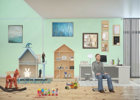 A serious Dad’s office... converted into a kids playroom! Design Rendering
