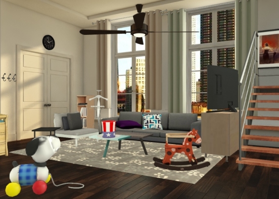 Living Room with a touch of baby kids room  Design Rendering
