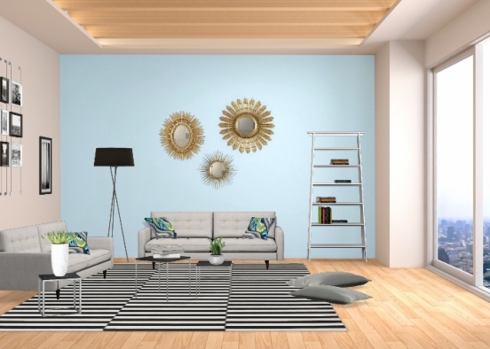 Salon mur bleu et meuble gris + plante.  Design Rendering