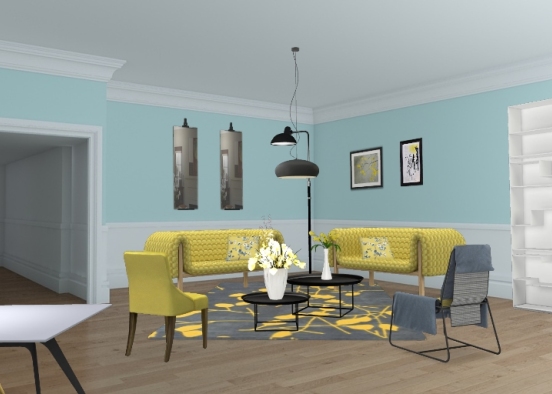 Salon bleu pâle avec du jaune pour petit appartement. Design Rendering