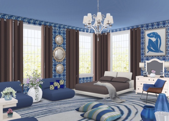Camera da letto blu-marrone Mirabella Design Rendering