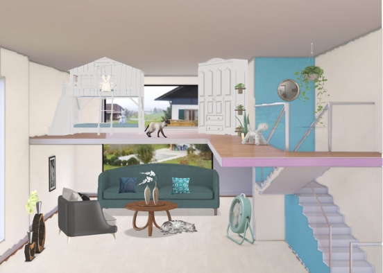 fancy teal and white kidscommon space room Design Rendering