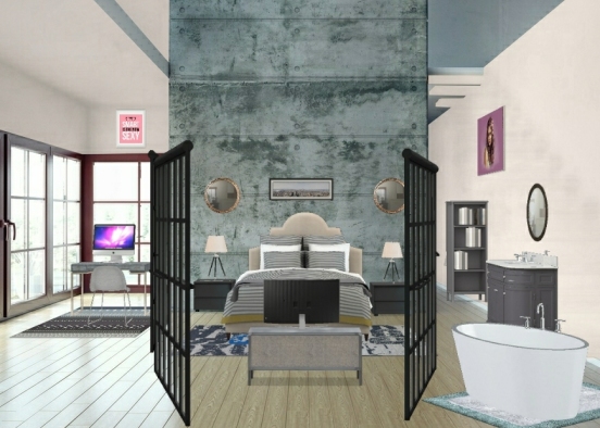 Chambre avec salle de bain+bureau Design Rendering