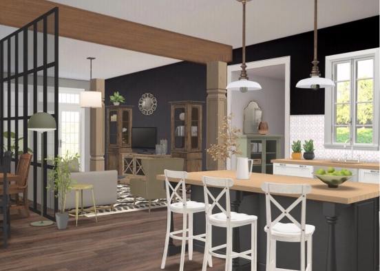 Cocina y sala de estar Design Rendering