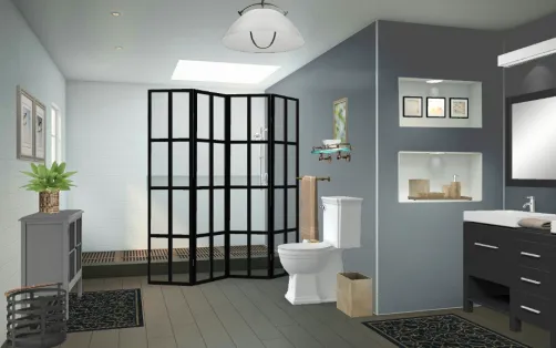 Gray bathroom with gold accents