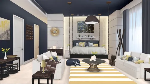 Navy, Chocolate brown, and golden yellow guest house