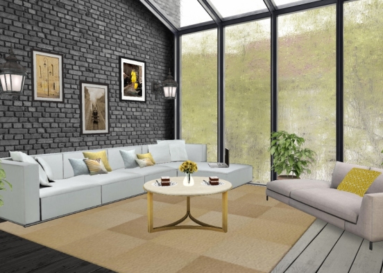 Yellow and white living room Design Rendering