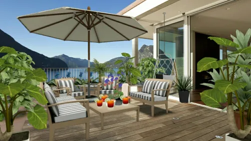 Terrazzo residenziale con vista alle montagne è ad un meraviglioso lago.