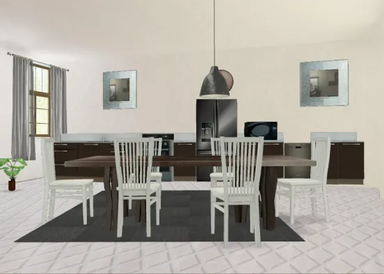 Sleek black kitchen and dining room Design Rendering