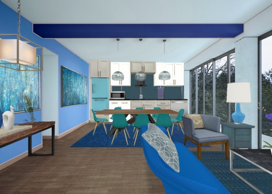 Blue Dining And Living Area Design Rendering